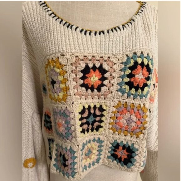Free People Dahlia Floral Crochet Sweater Oversized Cropped size S - Picture 3 of 11
